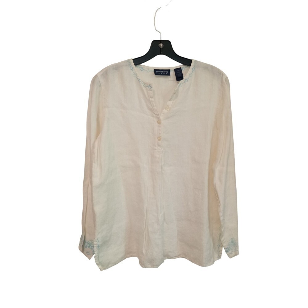 Liz Claiborne white 100% Linen blue floral hem stich top